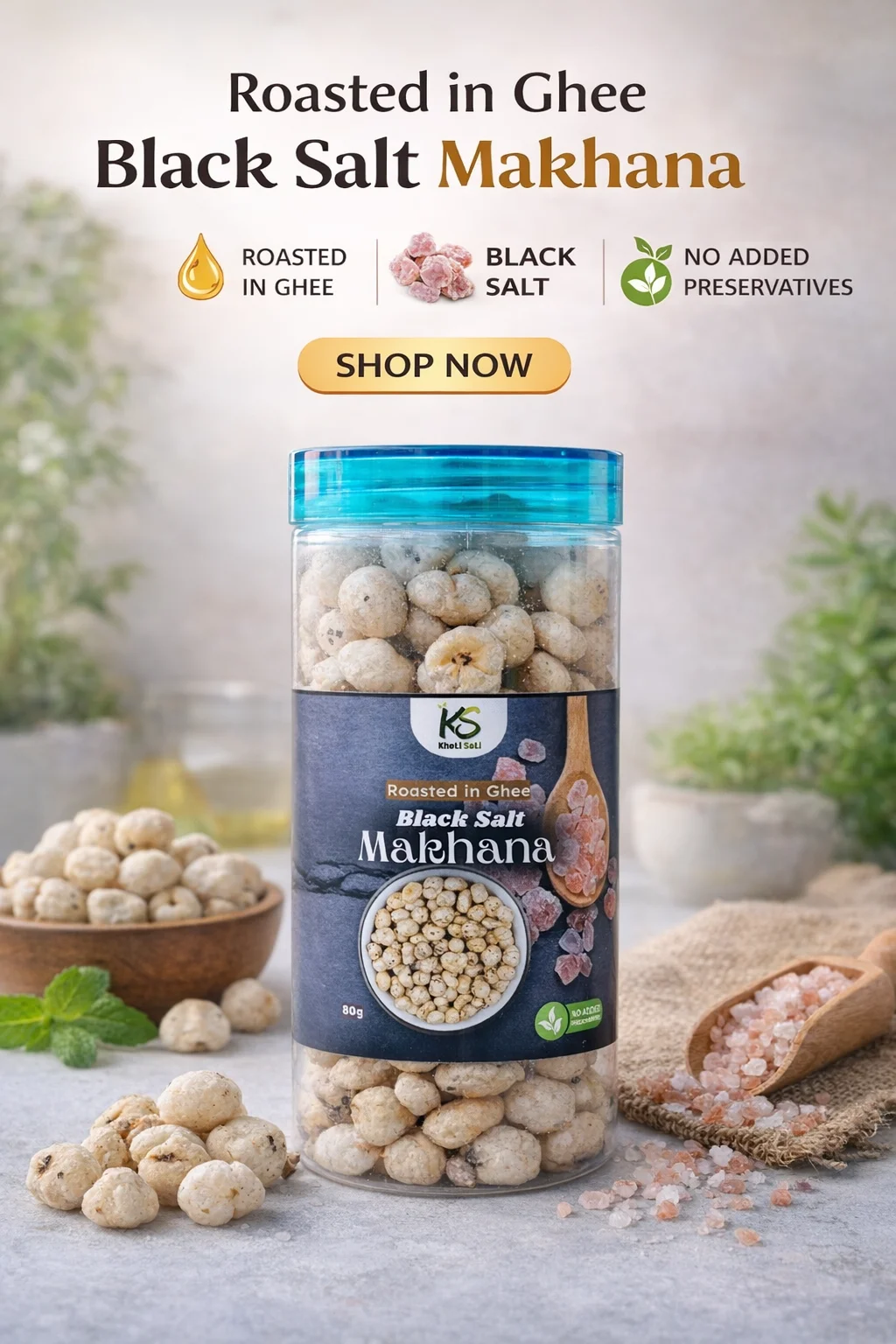 Kheti Seti Black Salt Roasted Makhana jar with fox nuts and pink salt